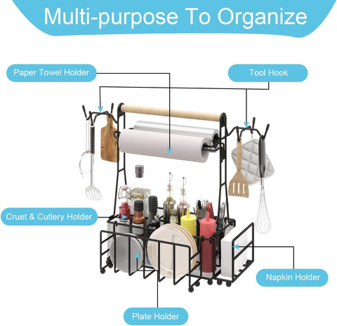 Image of Outdoor Grill Caddy, BBQ Caddy with Paper Towel Holder and Mesh Basket, Portable Condiment Caddy with Plate Holder and Tool Hook, Barbecue Accessories Storage Organizer