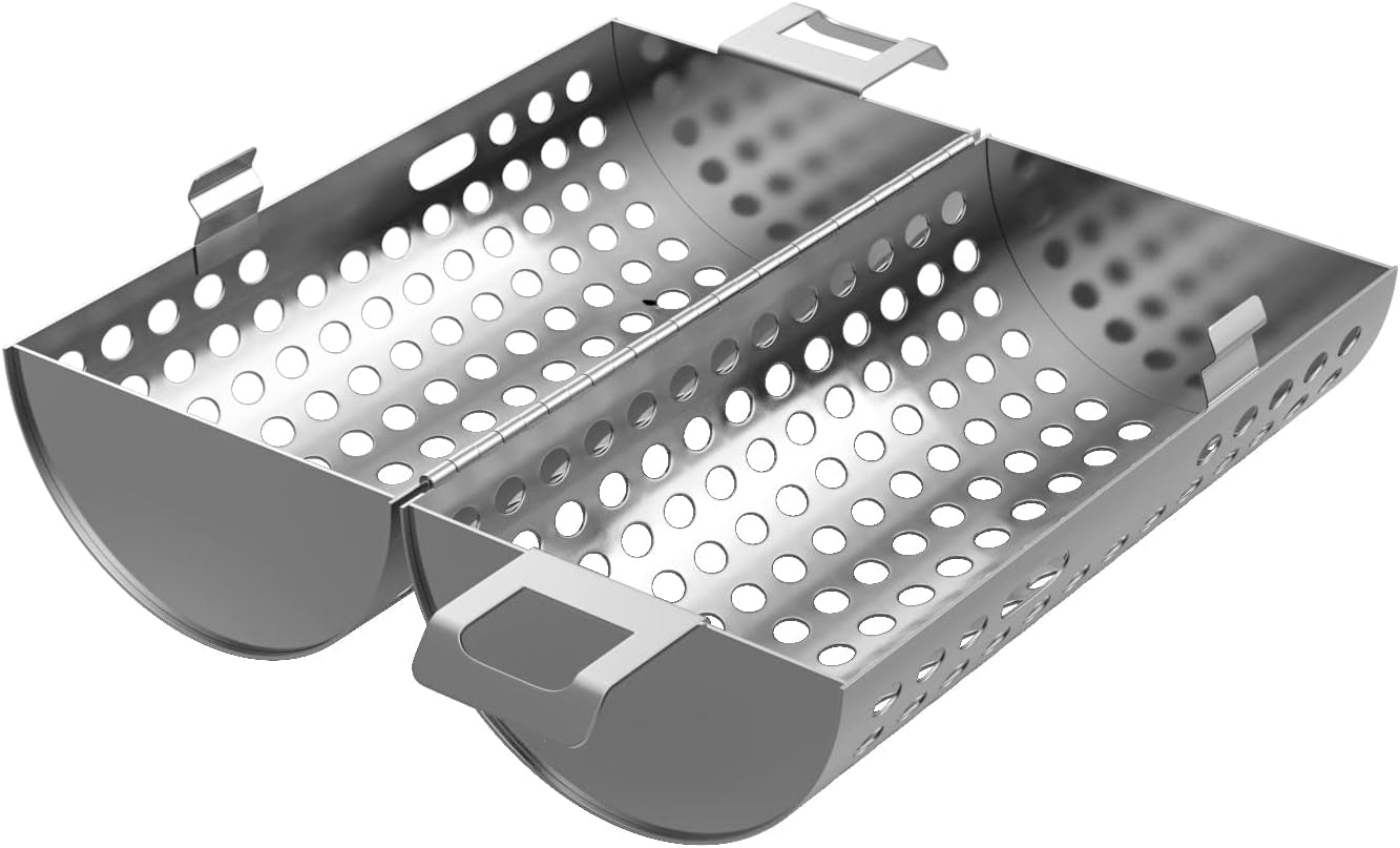 KEESHA BBQ Roller Grill Basket Vegetables & Fish Grill Basket - BBQ Grill Cooking Accessories for Outdoor Grill for Smokers / Pellet Grills / Charcoal Grills / Gas Grills - Perfect Grilling Gifts for Men, Stainless Steel