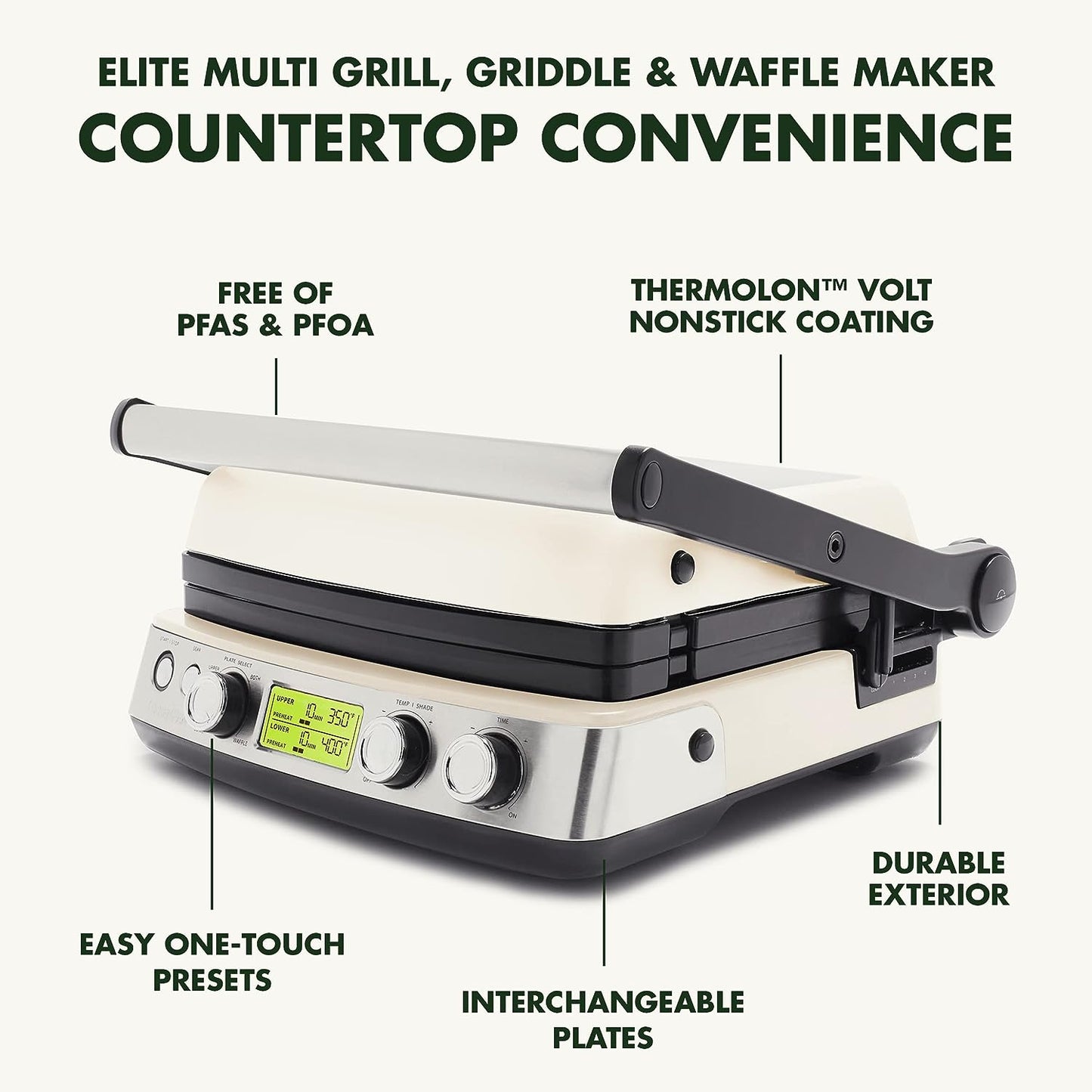 Elite 7-In-1 Multi-Function Contact Grill & Griddle, Healthy Ceramic Nonstick Aluminum, Two Sets of Grill & Waffle Plates, Adjustable Shade & Shear, Closed Press/Open Flat Surface,Cream White