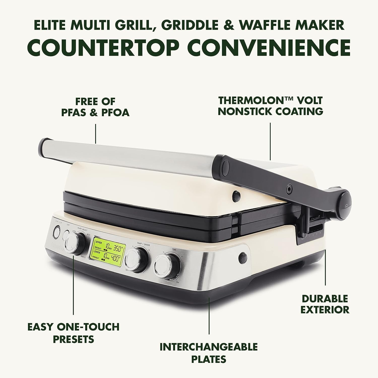 Elite 7-In-1 Multi-Function Contact Grill & Griddle, Healthy Ceramic Nonstick Aluminum, Two Sets of Grill & Waffle Plates, Adjustable Shade & Shear, Closed Press/Open Flat Surface,Cream White