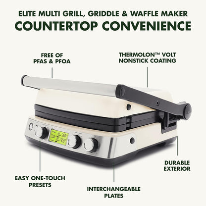 Elite 7-In-1 Multi-Function Contact Grill & Griddle, Healthy Ceramic Nonstick Aluminum, Two Sets of Grill & Waffle Plates, Adjustable Shade & Shear, Closed Press/Open Flat Surface,Cream White
