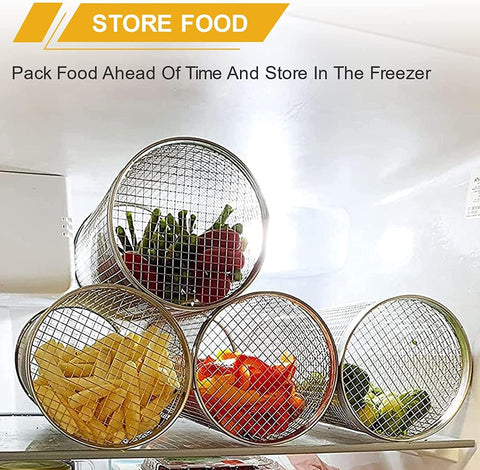 Image of 2 Pack Rolling Grilling Basket,Stainless Steel BBQ Rolling Grilling Baskets for Outdoor Grilling for Vegetables, Fish and French Fries Portable round Grilling Basket