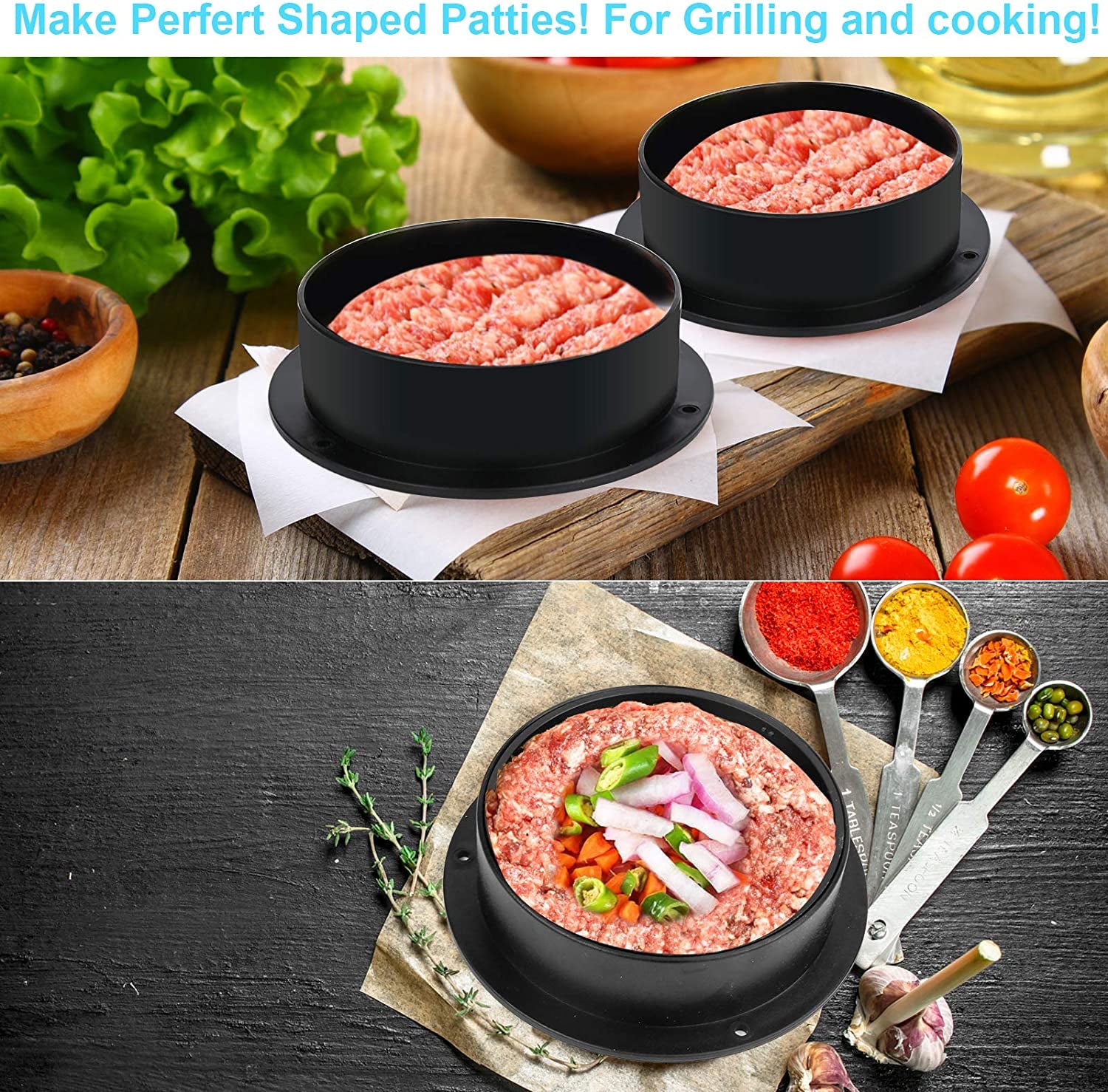 3 in 1 Stuffed Burger Press Patty Maker Rings Molds Kit, Non Stick Stuffer Hamburger Press Patty Maker - with 100 Pcs Wax Hamburger Patty Paper, Sausage Patty Press for Slider/Pattie/Grilling HAHAYOO