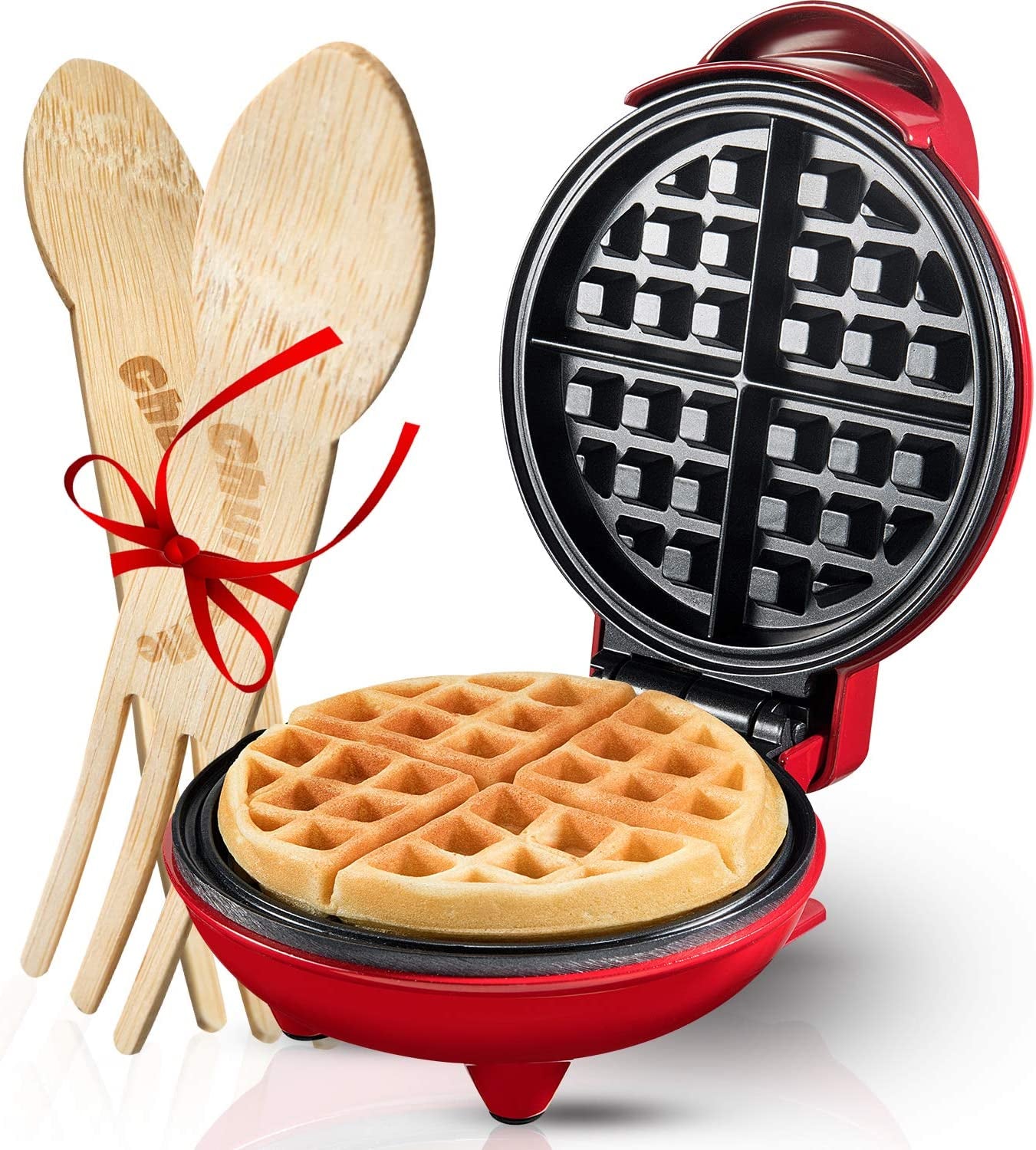 Burgess Brothers Mini Waffle Maker | Portable Electric Non-Stick Waffle Iron | Belgian Waffle Maker Makes 4 Inch Waffles | Includes Bamboo Sporks
