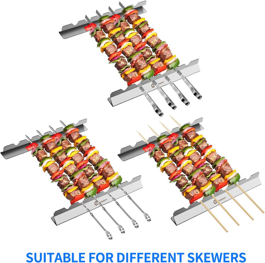 Kabob Skewers Stainless Steel Long BBQ Barbecue Skewers, Flat Metal Kebob Sticks Wide Reusable Grilling Skewers for Meat Chicken,Set of 9 Including 2 Barbeecue Rack with Storage Bag