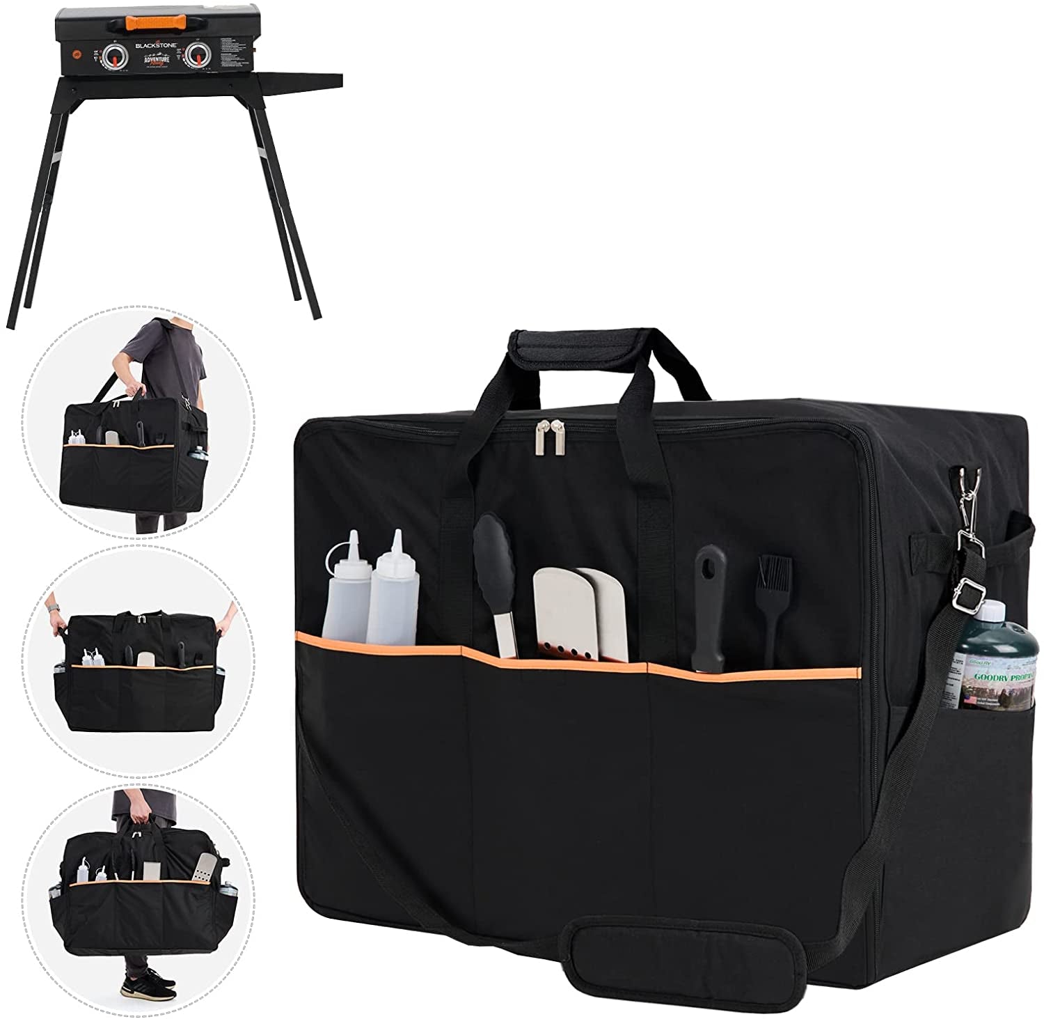 Grill Carry Bag for Blackstone 22 Inch Griddle with Hood Lid and Stand, NOELIFE 600D Water-Resistant Outdoor BBQ Grilling Carry Bag Fit for Model 1891, Black (Bag Only)