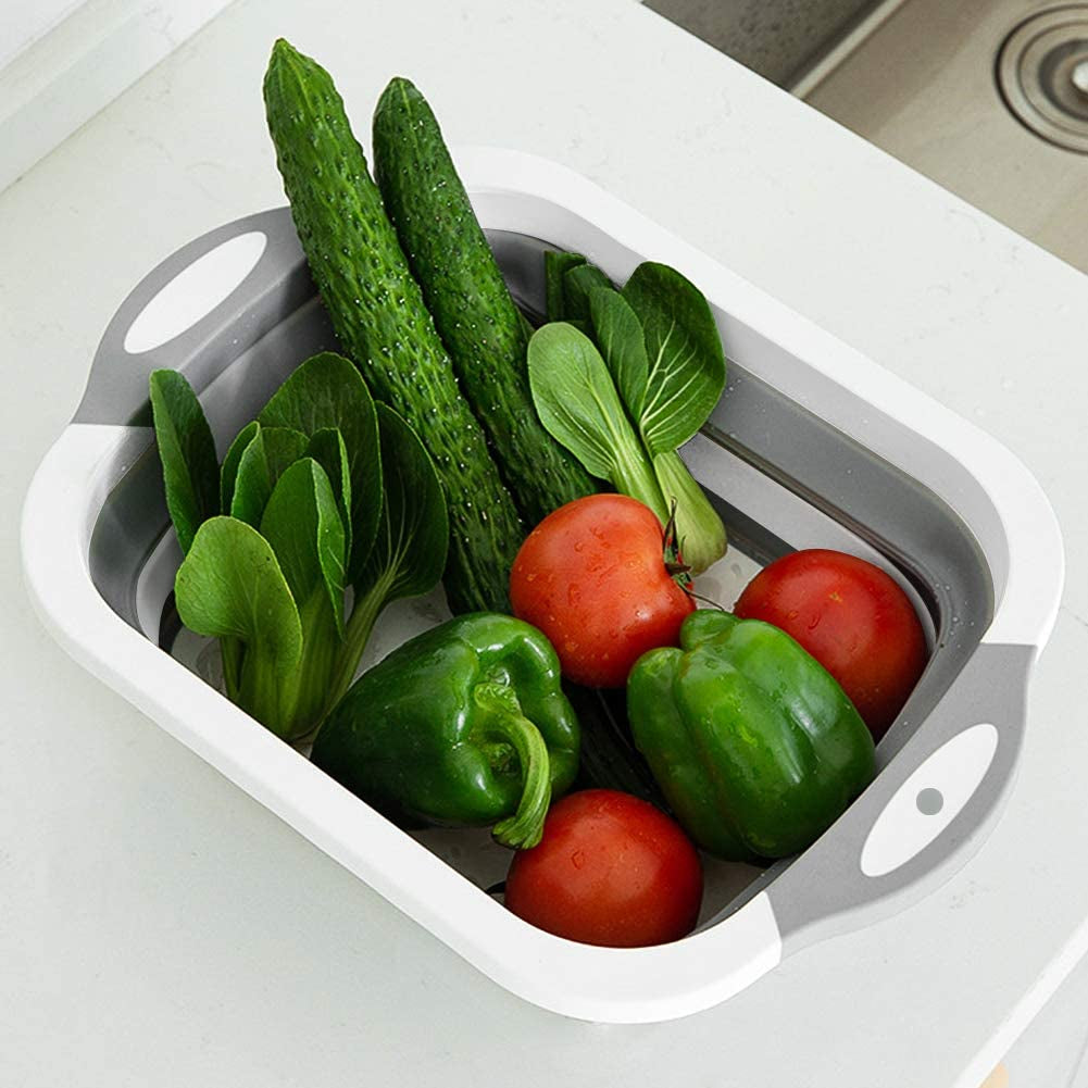 Qimh Collapsible Cutting Board - Foldable Space Saving Multi-Function Kitchen Dish Tub and Camping Sink- Washing and Draining Veggies Fruits Food Grade Storage Basket for Picnic, BBQ Prep and Camping