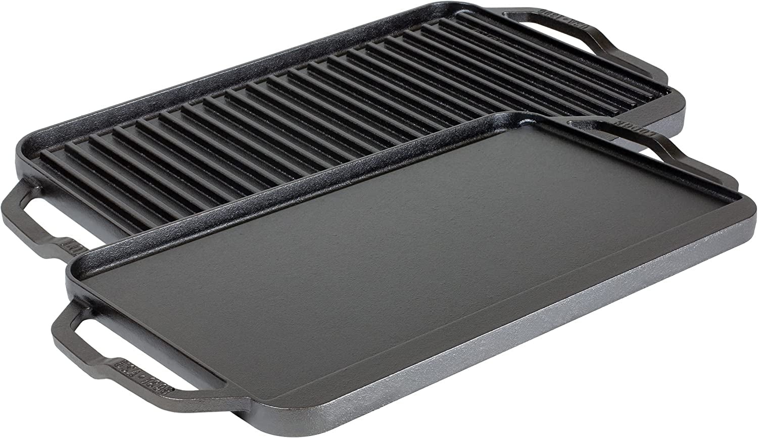 Chef Collection Cast Iron Reversible Grill/Griddle - Cast Iron Flat Griddle & Grill for Stovetop, Oven, Grill, or Open Fire - Double Burner Cast Iron Skillet with Handles