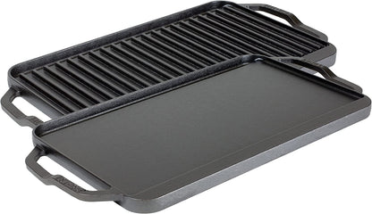 Chef Collection Cast Iron Reversible Grill/Griddle - Cast Iron Flat Griddle & Grill for Stovetop, Oven, Grill, or Open Fire - Double Burner Cast Iron Skillet with Handles