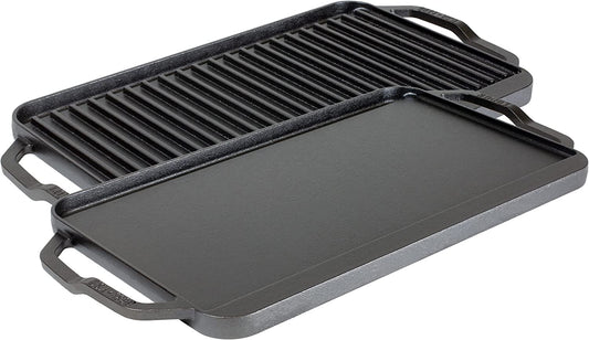 Chef Collection Cast Iron Reversible Grill/Griddle - Cast Iron Flat Griddle & Grill for Stovetop, Oven, Grill, or Open Fire - Double Burner Cast Iron Skillet with Handles