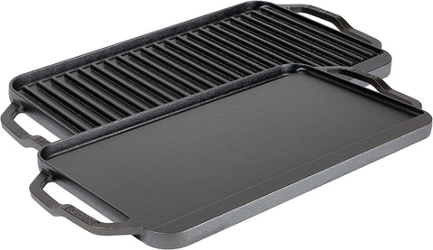 Image of Chef Collection Cast Iron Reversible Grill/Griddle - Cast Iron Flat Griddle & Grill for Stovetop, Oven, Grill, or Open Fire - Double Burner Cast Iron Skillet with Handles
