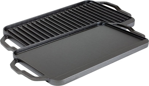 Chef Collection Cast Iron Reversible Grill/Griddle - Cast Iron Flat Griddle & Grill for Stovetop, Oven, Grill, or Open Fire - Double Burner Cast Iron Skillet with Handles