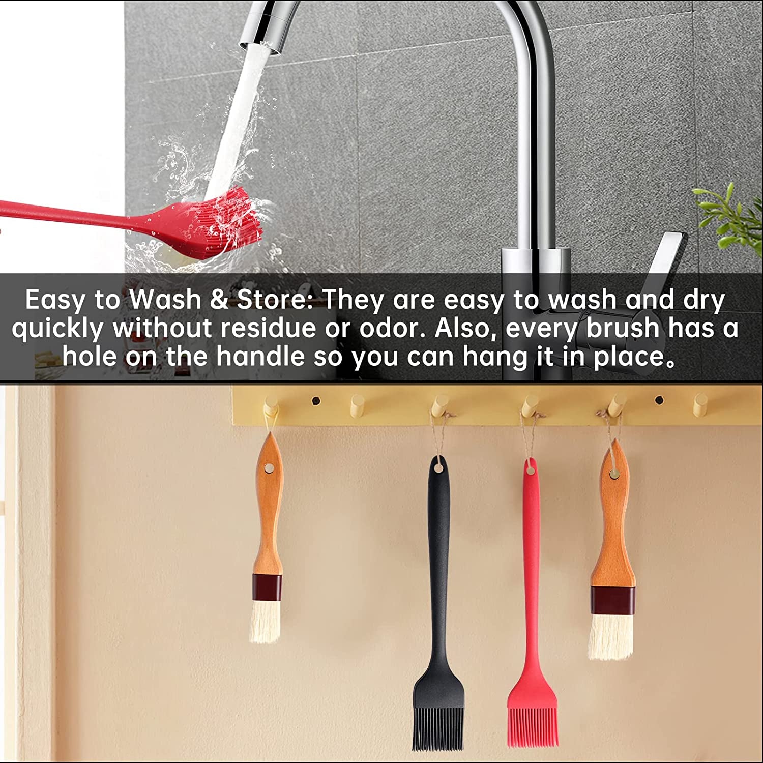 4 Pack Silicone Basting Pastry Brushes with 2 Wood Handle Culinary Oil Brushes, Heat Resistant Brush Set, Perfect for BBQ Sauce Barbecue Butter Grill Baking Kitchen Cooking, BPA Free & Dishwasher Safe