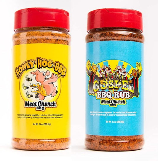 Meat Church BBQ Rub Combo: Honey Hog (14 Oz) and Holy Gospel (14 Oz) BBQ Rub and Seasoning for Meat and Vegetables, Gluten Free, One Bottle of Each