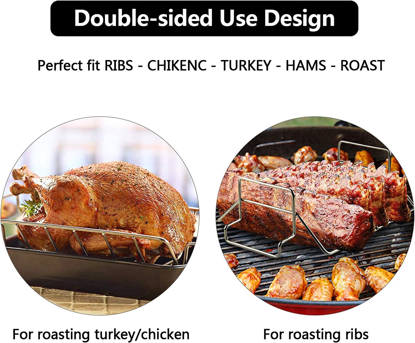 Mydracas BBQ Rib Rack for Smoking and Grilling Roast Rack 100% Stainless Steel Roast and Dual-Purpose Turkey Rack for Large Big Green Egg and Kamado Joe Etc.