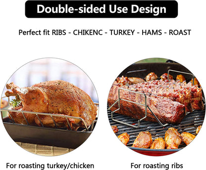 Mydracas BBQ Rib Rack for Smoking and Grilling Roast Rack 100% Stainless Steel Roast and Dual-Purpose Turkey Rack for Large Big Green Egg and Kamado Joe Etc.