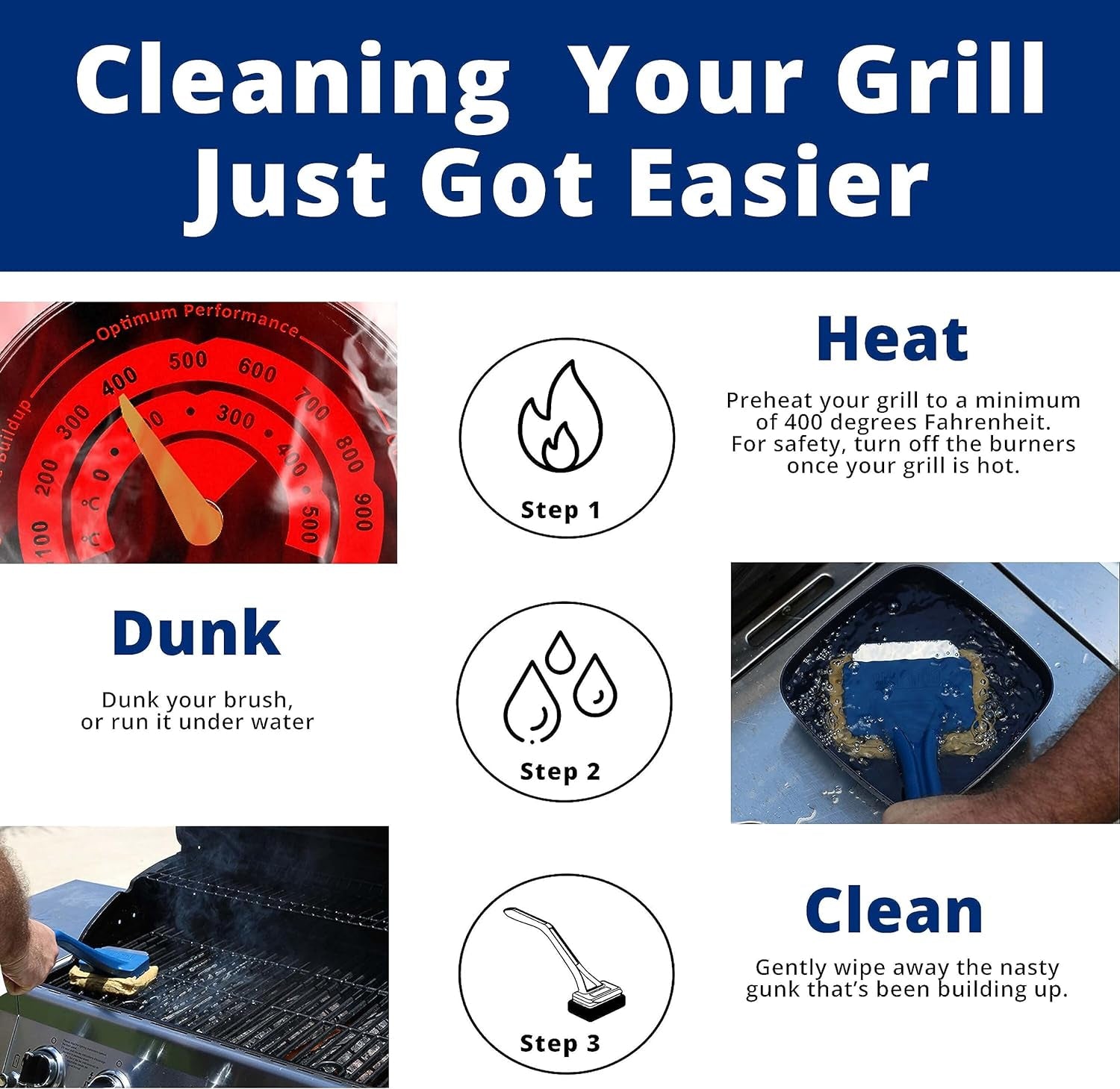 BBQ Replaceable Scraper Cleaning Head, Bristle Free - Safe, Durable and Unique Scraper Tools for Cast Iron or Stainless-Steel Grates, Barbecue Cleaner (GB3000)