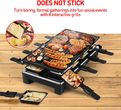 Raclette Table Grill,  Electric Indoor Grill Korean BBQ Grill, Removable 2-In-1 Non-Stick Grill Plate, 1500W Fast Heating with 8 Cheese Melt Pans, Ideal for Parties and Family Fun (Black)