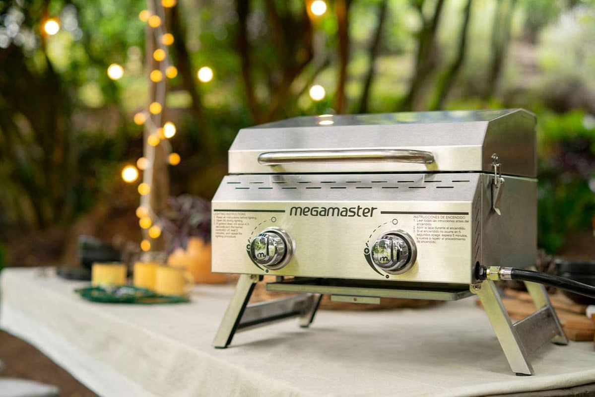 Megamaster Premium Outdoor Cooking 2-Burner Grill, While Camping, Outdoor Kitchen, Patio Garden, Barbecue with Two Foldable Legs, Silver in Stainless Steel