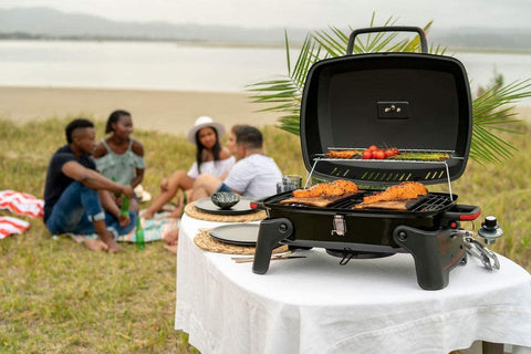 Image of 820-0065C 1 Burner Portable Gas Grill for Camping, Outdoor Cooking , Outdoor Kitchen, Patio, Garden, Barbecue with Two Foldable Legs, Red + Black