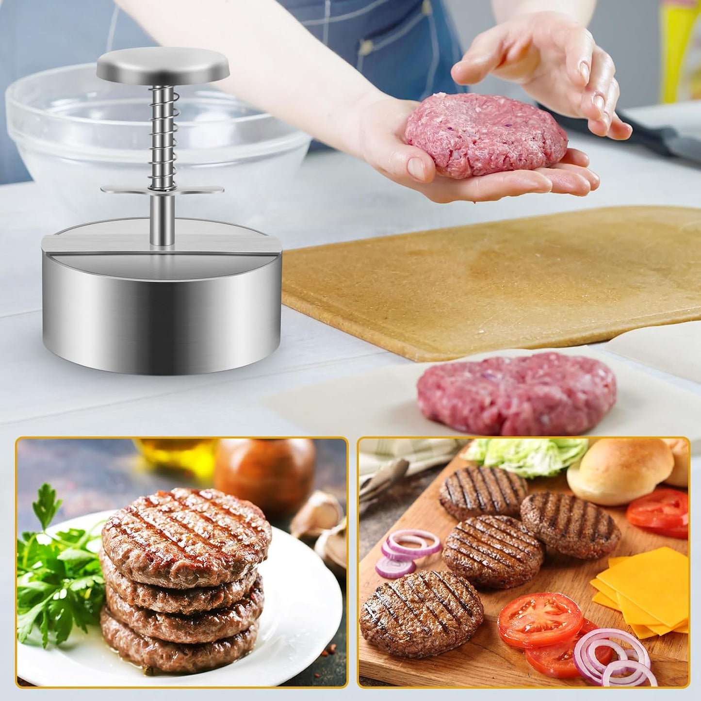 Diveken Burger Press, Stainless Steel Hamburger Patty Maker, 5.5 Inch Adjustable Burger Patty Maker, Patty Making Mold for Meat, Vegetables, Beef, BBQ Barbecue Homemade Hamburger