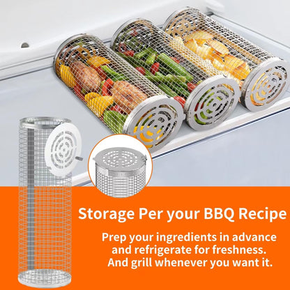 Wrakus Rolling Grilling Baskets for Outdoor - Grill Grate Charcoal round BBQ Stainless Steel Basket Campfire Grid Camping Picnic Cookware 1 (2PCS 300 * 90 90Mm)
