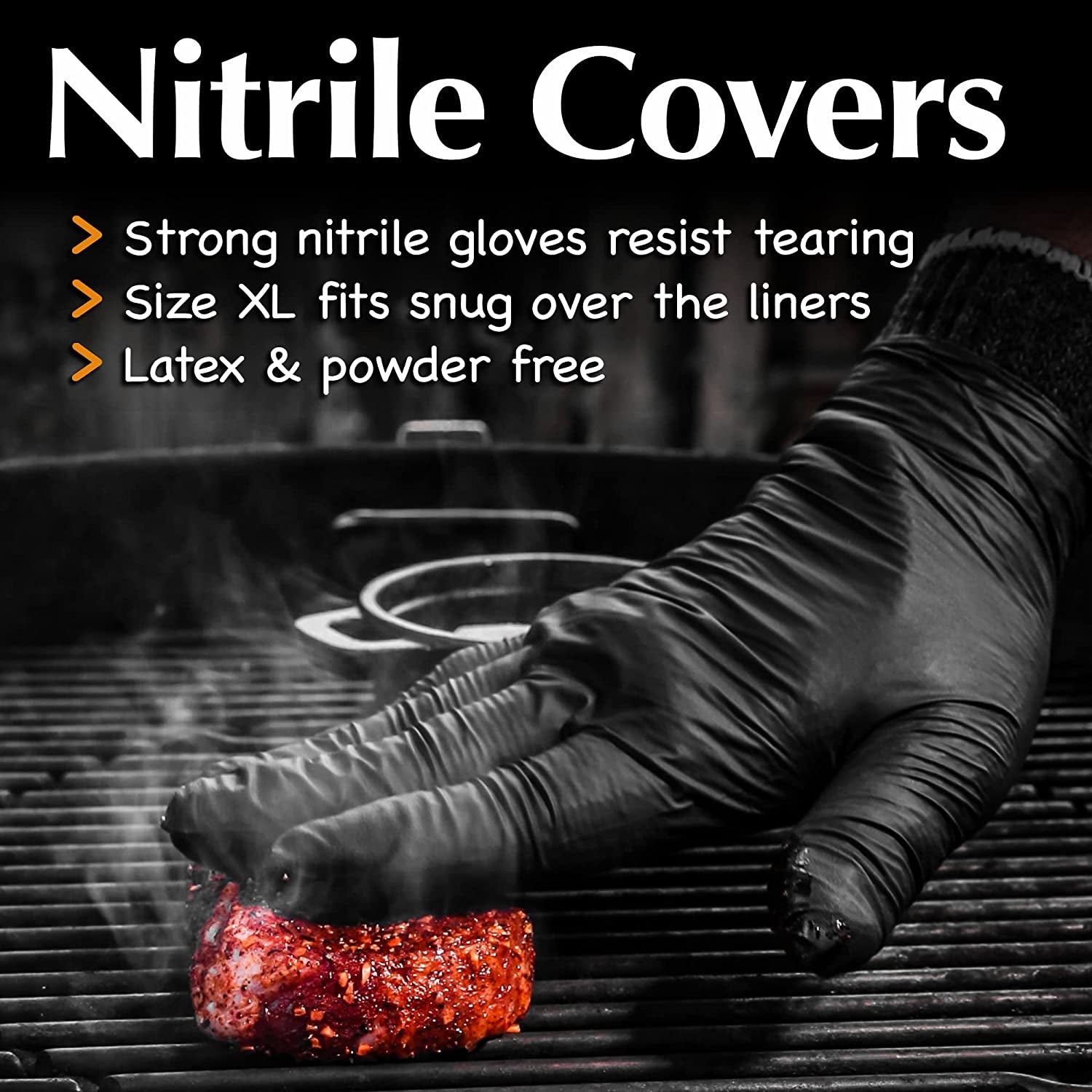 Grilling Glove Kit – 100 Black Nitrile Gloves – 4 Thick Cotton Liners – Disposable BBQ Gloves with Washable Heat-Resistant Liners – Replaceable Cover Oven Mitt for Barbecue and Smoking Meat