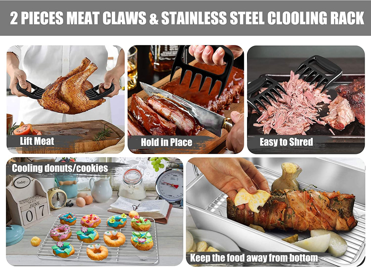 Teamfar Roasting Pan, Stainless Steel Large Turkey Roaster Pan with V Rack & Cooling Rack, Beer Can Chicken Holder & Meat Claws for Shredding & Silicone Brush, Healthy & Dishwasher Safe - 7 Pcs