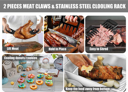 Teamfar Roasting Pan, Stainless Steel Large Turkey Roaster Pan with V Rack & Cooling Rack, Beer Can Chicken Holder & Meat Claws for Shredding & Silicone Brush, Healthy & Dishwasher Safe - 7 Pcs