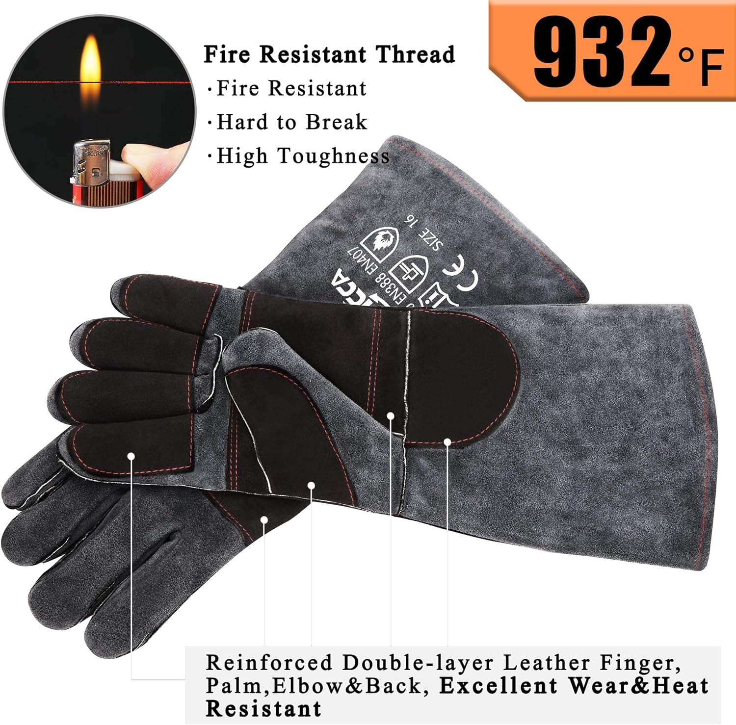 Welding Gloves Grey 16 Inches,932℉,Heat Resistant Leather Forge/Mig/Stick Heat/Fire Resistant, Mitts for Oven/Grill/Fireplace/Furnace/Stove/Pot Holder/Bbq/Animal Handling