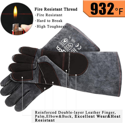 Welding Gloves Grey 16 Inches,932℉,Heat Resistant Leather Forge/Mig/Stick Heat/Fire Resistant, Mitts for Oven/Grill/Fireplace/Furnace/Stove/Pot Holder/Bbq/Animal Handling