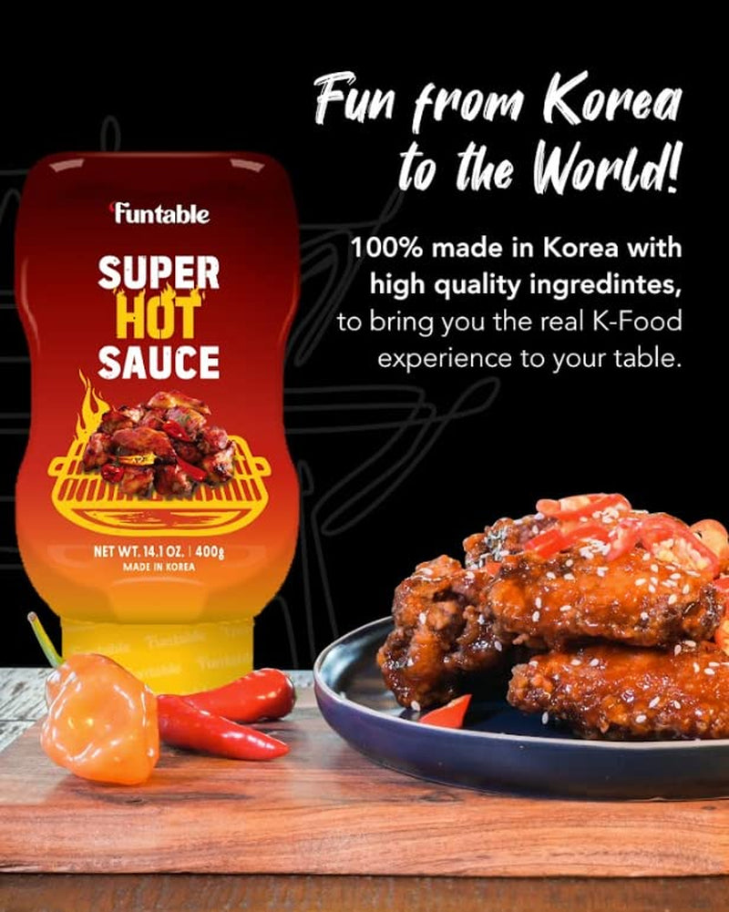 Funtable Super Hot Sauce (14.1Oz, Pack of 1) - Authentic Korean Flavor, Spicy & Tangy Sauce, Low-Calorie. Ideal for Fried Chicken, Nuggets, Dipping & More.