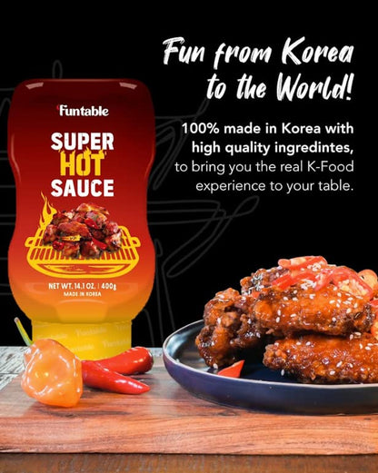 Funtable Super Hot Sauce (14.1Oz, Pack of 1) - Authentic Korean Flavor, Spicy & Tangy Sauce, Low-Calorie. Ideal for Fried Chicken, Nuggets, Dipping & More.