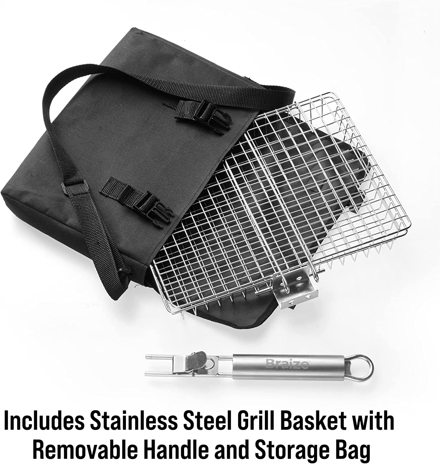 Braize Grill Basket with REMOVABLE HANDLE, Fish Grill Basket - Accessories for Outdoor Grill, Cooking Accessories, Bbq Grill. Grilling Grilling Set Camping Gear Accessories.