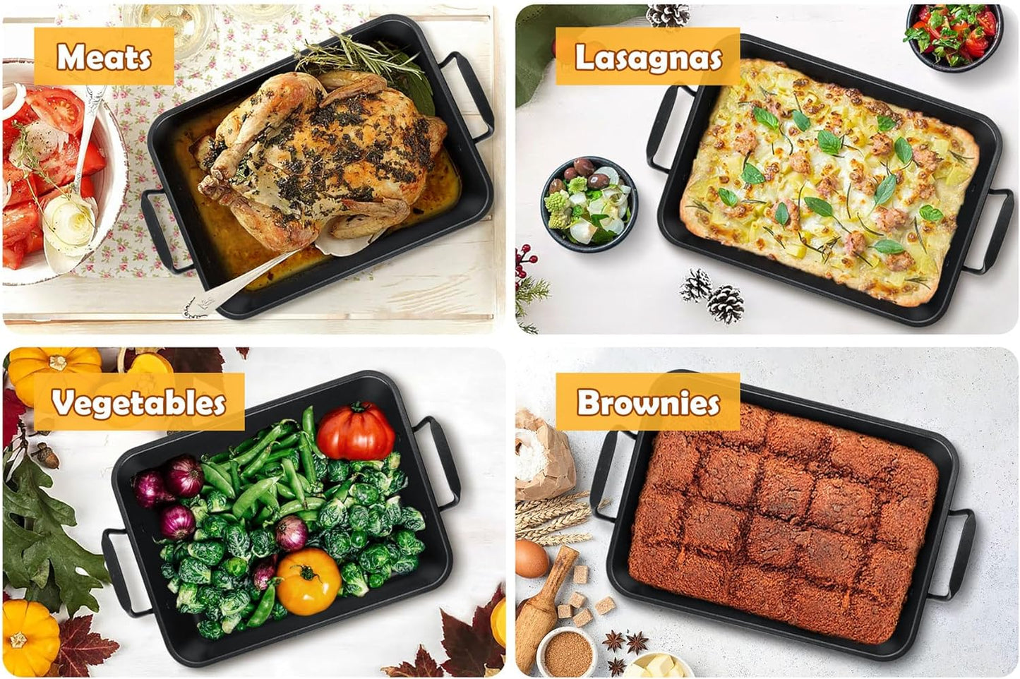 Teamfar Roasting Pan, 14Inch Coated Turkey Roaster Lasagna Pan with V-Shaped Rack & Flat Rack, Non-Stick Coating & Stainless Steel Core, Healthy & Heavy Duty, Deep Sides & Easy to Clean, Set of 3