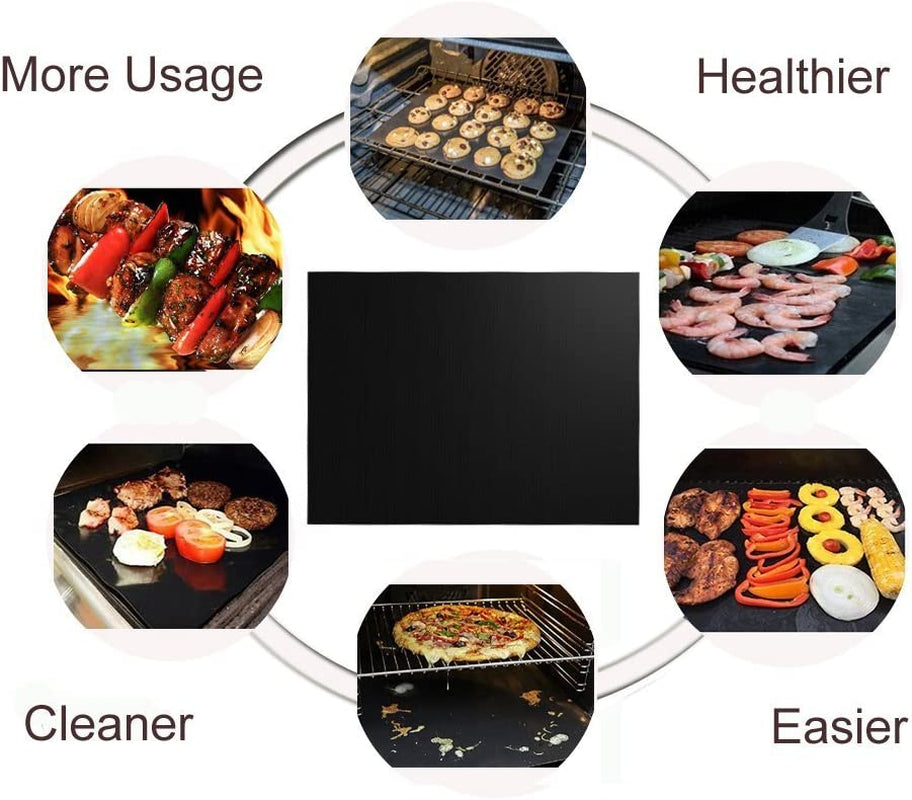 Grill Mat Set of 6 - 100% Non-Stick BBQ Grill Mats, Heavy Duty, Reusable, and Easy to Clean - Works on Electric Grill Gas Charcoal BBQ - 15.75 X 13-Inch, Black