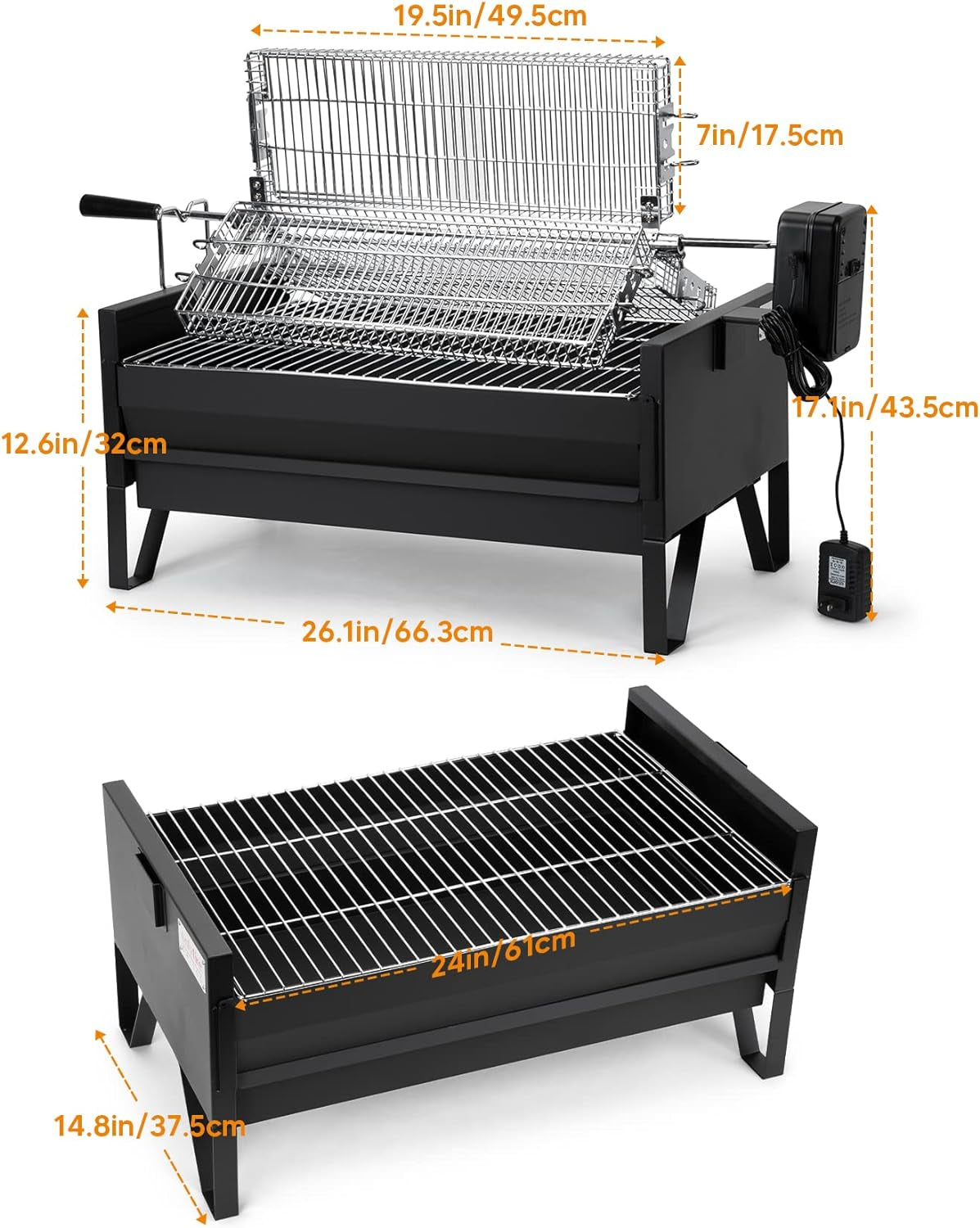 Onlyfire 2 in 1 Charcoal Grill Rotisserie Kit with 3 Stainless Steel Rotating Baskets and 24 in Grill Grate, Auto Swivel BBQ Roasting Machine for Outdoor Patio Backyard, Multi-Functional Camping Grill