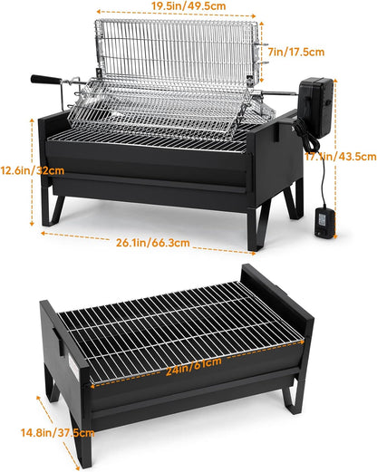Onlyfire 2 in 1 Charcoal Grill Rotisserie Kit with 3 Stainless Steel Rotating Baskets and 24 in Grill Grate, Auto Swivel BBQ Roasting Machine for Outdoor Patio Backyard, Multi-Functional Camping Grill
