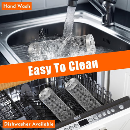 2 Pcs Rolling Grilling Baskets for Outdoor Grilling, BBQ Stainless Steel Grill Accessories Set for Outdoor Grill, Grill Baskets Suitable for Vegetable,Fries,Fish, Shrimp, Grill BBQ Net Tube with Barbecue Accessories