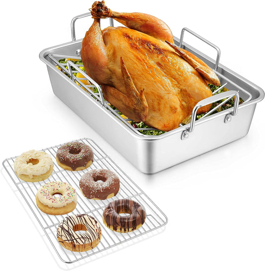 Roasting Pan with Rack Set of 3(Deep Broiling Pan & V-Shaped Rack & Flat Cooling Rack), Herogo 14 Inch Stainless Steel Turkey Roaster Pan for Thanksgiving Christmas, Dishwasher Safe