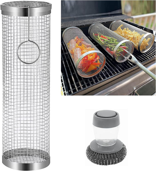 JAYUNSHY Stainless Steel Barbecue Cooking Grill Grate with Cleaning Brush, 12 Inch Rolling Grilling Basket Vegetable Grill Basket round BBQ Grill Mesh Portable Outdoor Camping BBQ Rack
