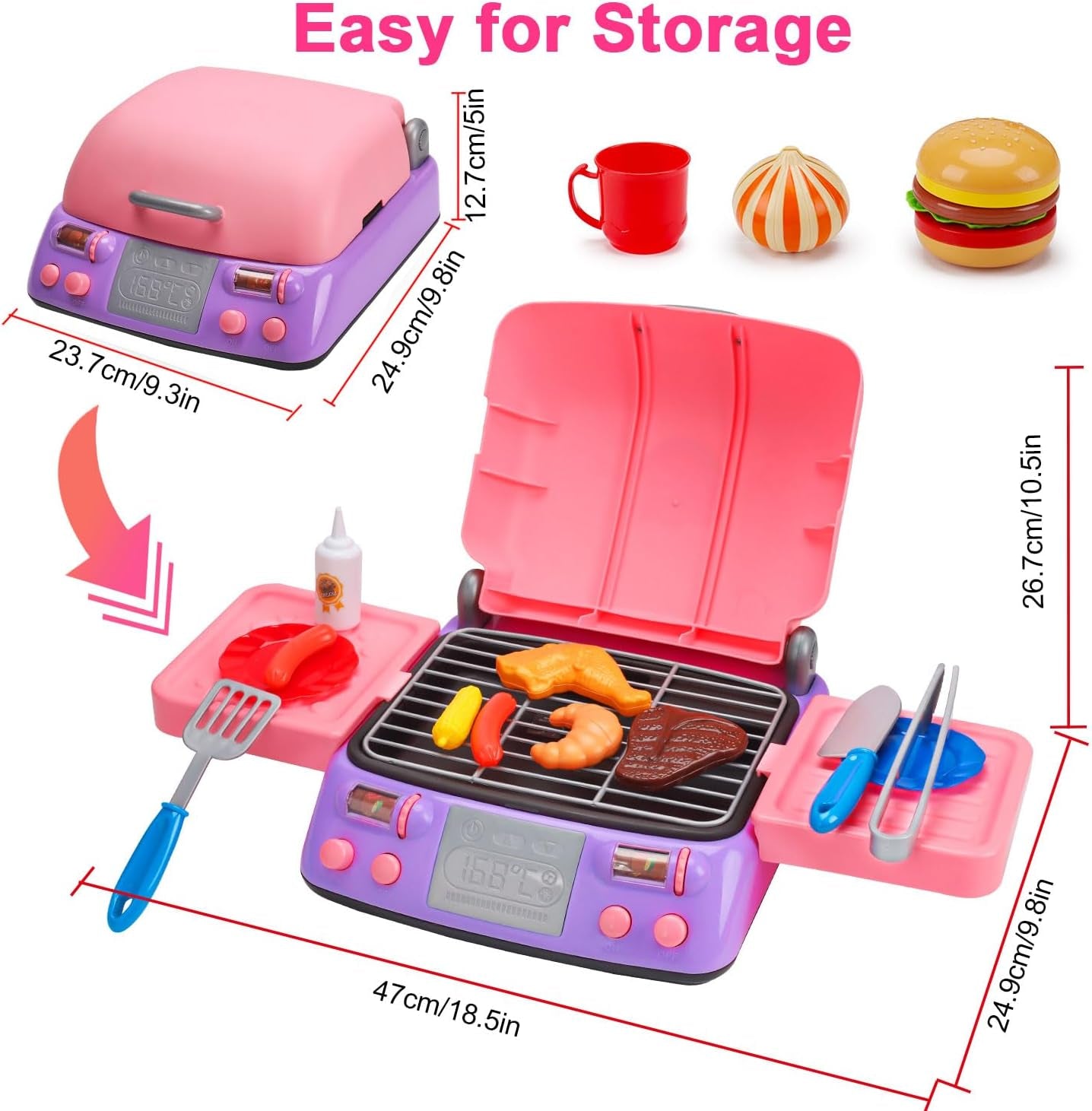 Kids BBQ Grill Playset with Smoke Sound Light Play Kitchen Set Age 3-5 4-8 Pretend Food Barbecue Cooking Toy for 2 3 4 5 6 Year Old Girl Birthday Gift