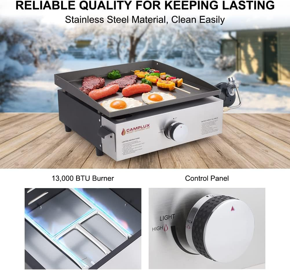 Camplux Propane Gas Grill,Flat Top Grill Station for Kitchen,Camping,Outdoor,Tabletop -Stainless Steel BBQ Griddle with Knobs & Ignition,17Inch