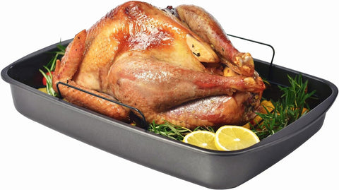 Image of Bakeley Roasting Pan, Nonstick Roaster Pan with Rack, Turkey Roasting Pan with V Rack, 19 Inch X 13 Inch, Black