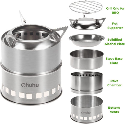 Camping Stove, Ohuhu Mini Wood Stove Stainless Steel Portable Stove, Backpacking Survival Stove Wood Burning Stove for Picnic BBQ Camp Hiking with Grill Grid and Carry Bag