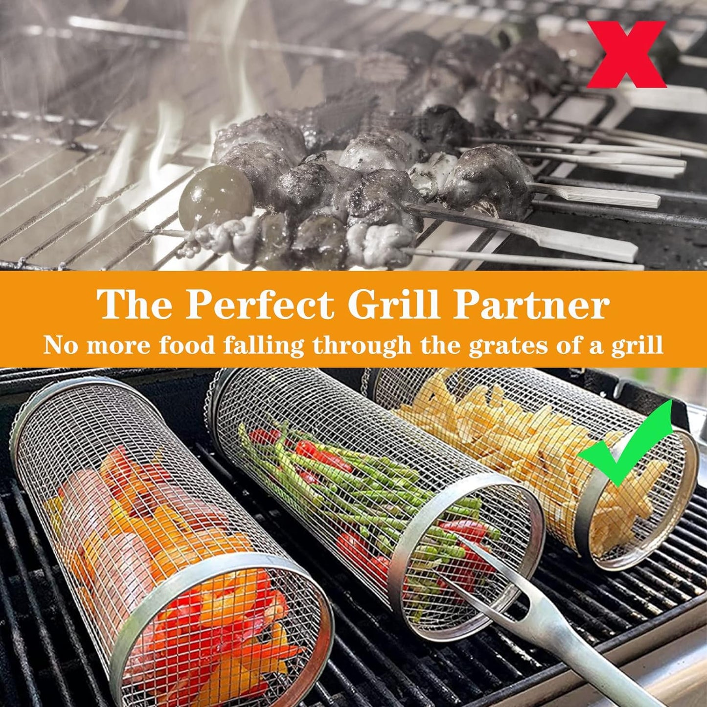 JAYUNSHY Stainless Steel Barbecue Cooking Grill Grate with Cleaning Brush, 12 Inch Rolling Grilling Basket Vegetable Grill Basket round BBQ Grill Mesh Portable Outdoor Camping BBQ Rack