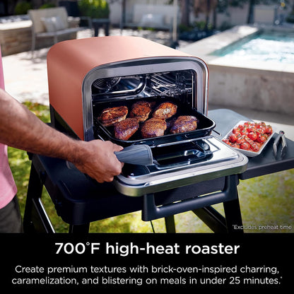 Woodfire Pizza Oven, 8-In-1 Outdoor Oven, 5 Pizza Settings,  Woodfire Technology, 700°F High Heat, BBQ Smoker, Wood Pellets, Pizza Stone, Electric Heat, Portable, Terracotta Red, OO101