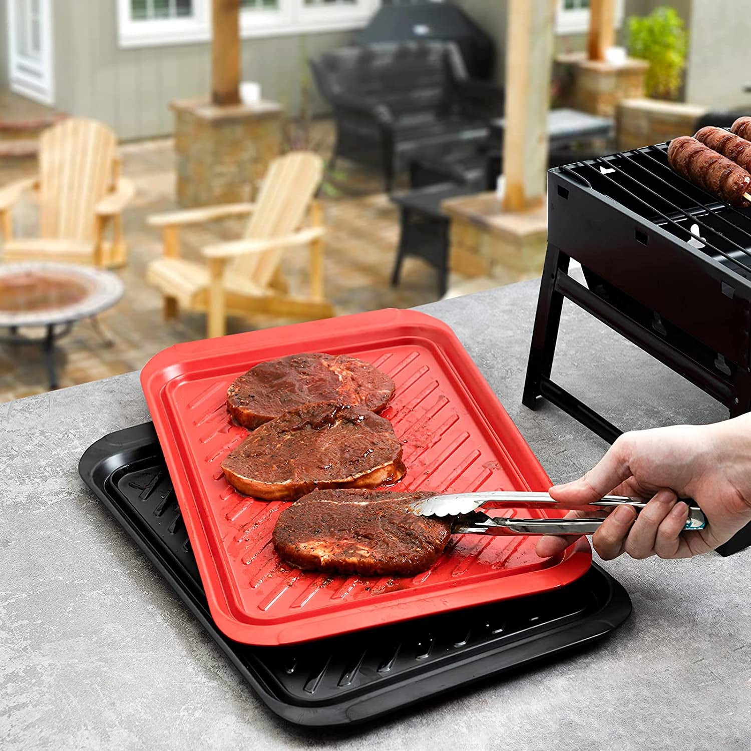 Serving Trays with Handles, Melamine Grill Prep and Serving Platters for Outdoor, Parties and BBQ, Set of 2, Black and Red