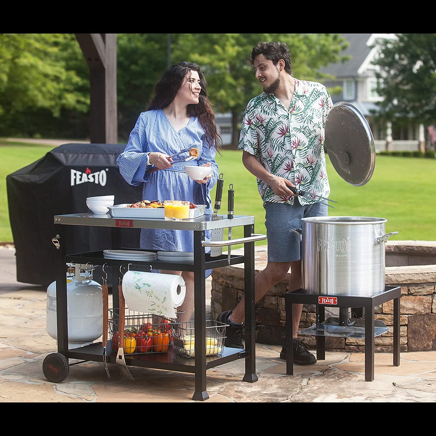 3-Shelf Movable Food Prep and Pizza Oven Table, BBQ Grilling Table, Home & Outdoor Multifunctional Stainless Steel Table Top Worktable on 2 Wheels, L39.5 X W25.6 X H33