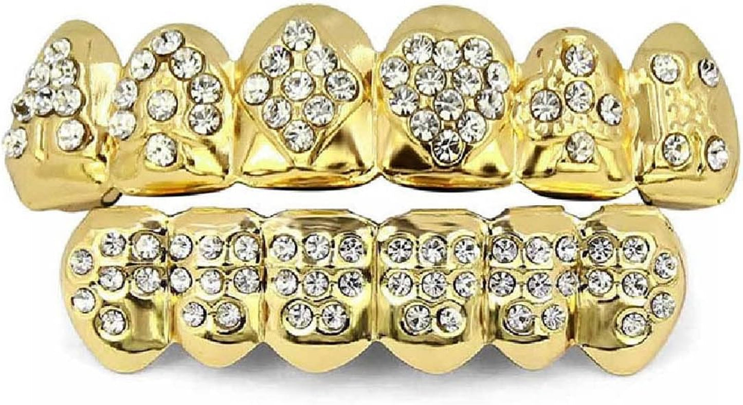 Grills for Your Teeth Gold Grillz Poker Heart Teeth Diamond Grillz for Men Women 18K Plated Iced Out Hip Hop Top & Bottom Face Grills for Teeth Rapper Costume Cosplay